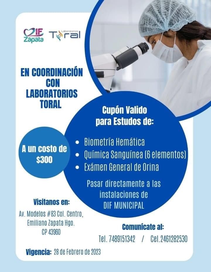 El DIF Municipal Emiliano Zapata Hgo en coordinación con Laboratorios Toral ofrecen cupón válido par